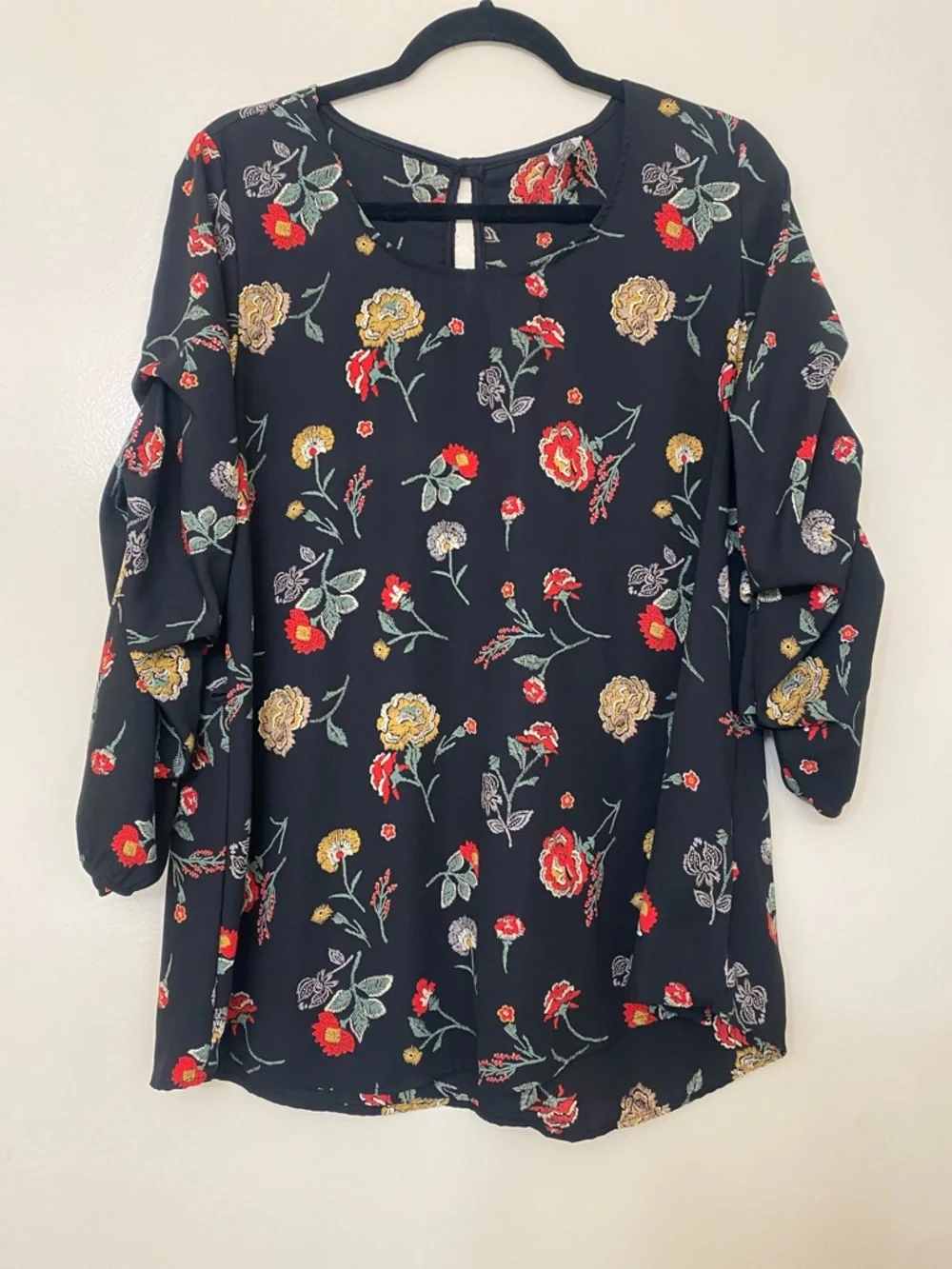 Black Floral Blouse with Gold Accents - Picture 1 of 3